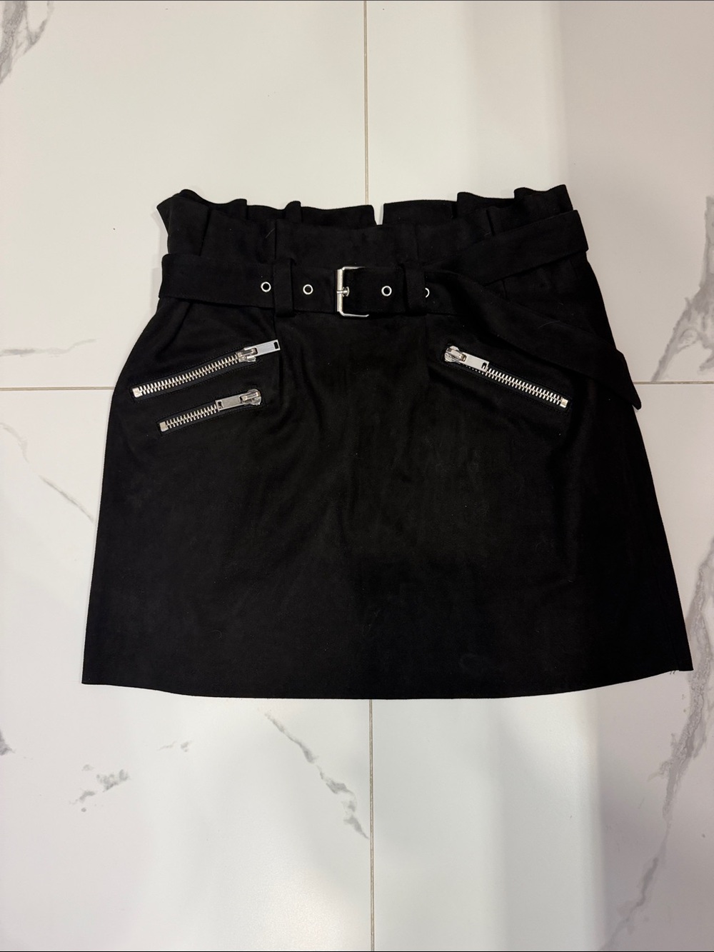 Zara Black Velvet Paperbag Mini Skirt with Buckle Belt and Silver Zips